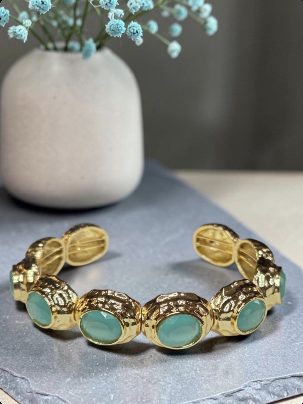 18k Gold Plated Chunky Hammered Artisan Aquamarine Quartz Crystal Cuff Bracelet